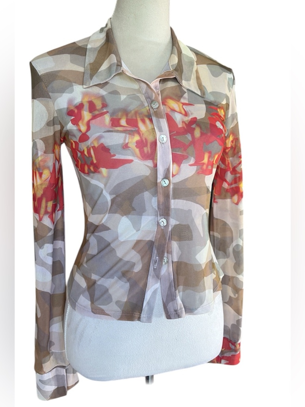 Agolde Y2K vintage Mesh Camo and Flames Button-Front Blouse in Beige and Red
